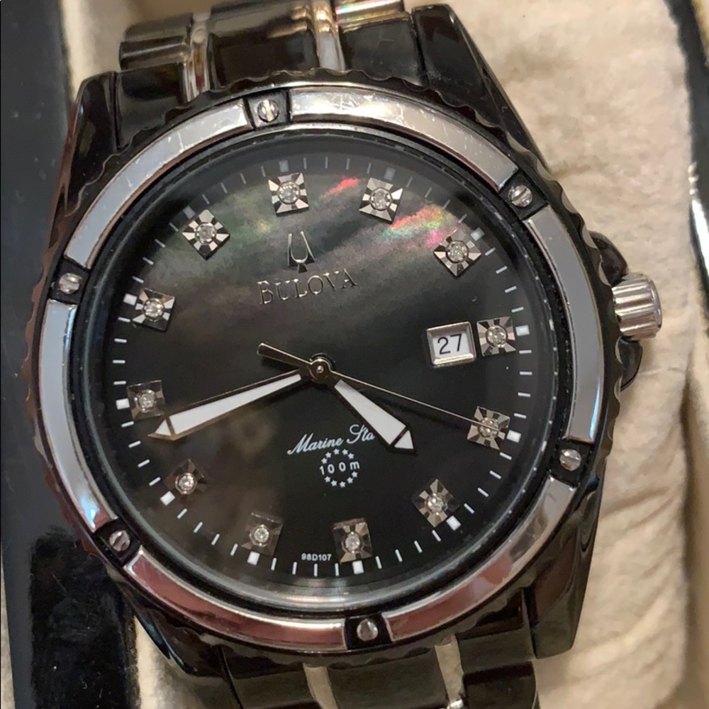 Bulova Black and Gold Watch with Diamonds
